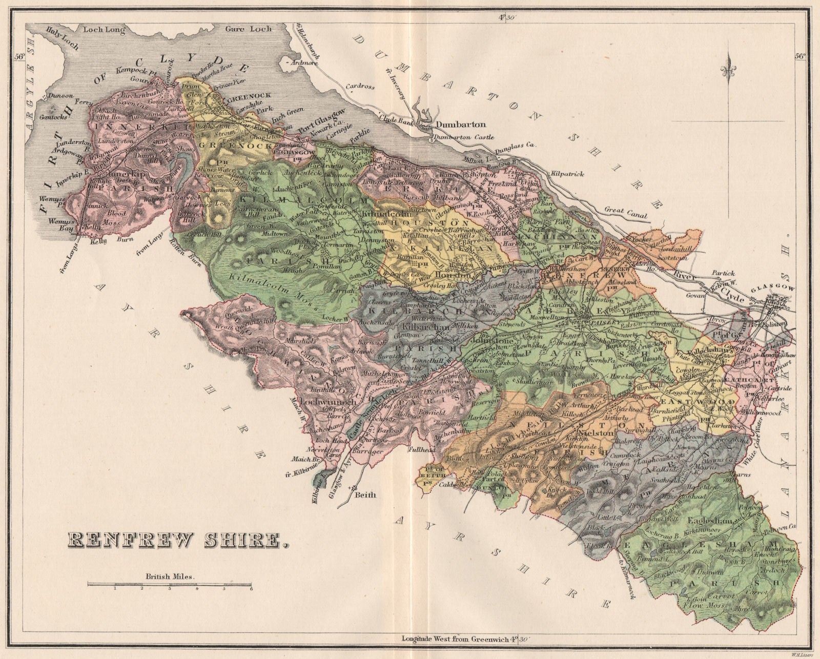 RENFREWSHIRE. County map. Parishes.Greenock Paisley Glasgow Scotland.LIZARS 1885